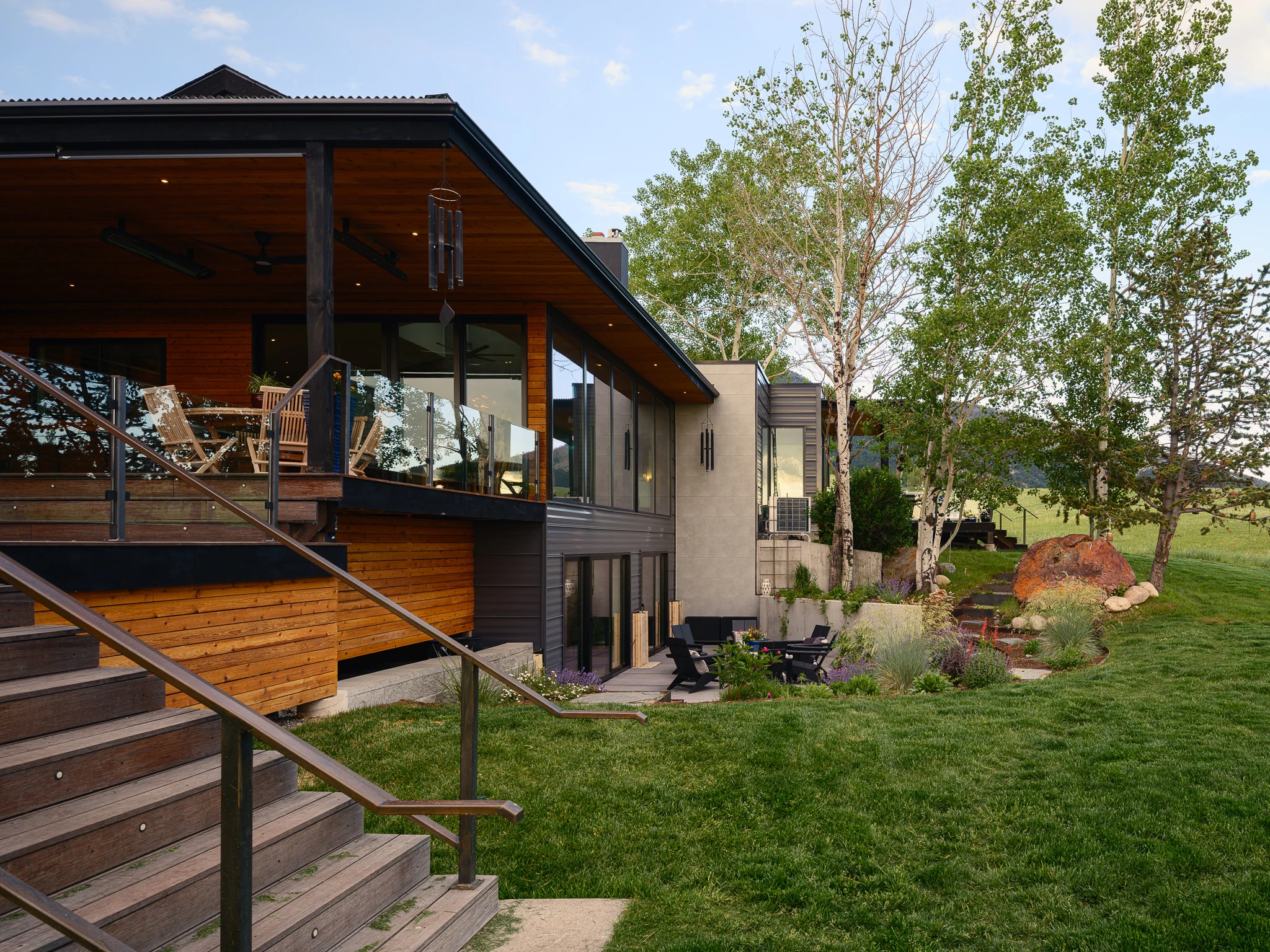Exterior deck and stairway view of the home — architectural photography Bozeman Montana, Living Places Design Studio